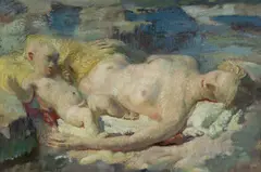 Arthur Murch, Mother and Child on the Beach, Oil on Board