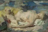 Arthur Murch, Mother and Child on the Beach, Oil on Board