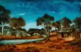 Settler's Hut with Stream and Bridge by Pro Hart, Oil on Board, sold May 2024