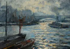 Dora Meeson, The Thames, London, Oil on Board