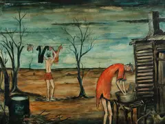 Miners, Washing Day by Pro Hart, 1962, Oil on Board, sold May 2024