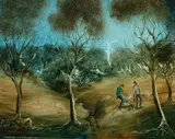 Treating a Flyblown Sheep by Pro Hart, Oil on Canvas, sold May 2024