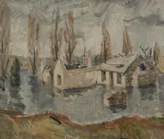 Roderick Malcolm Shaw, Flooded Backyards, Eucumbene at Adaminaby [NSW]' 1960/1, Oil on Board