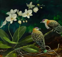 Blake Twigden, Purple-Crowned Fruit Pigeons and Orchids, 2001, Oil on Board