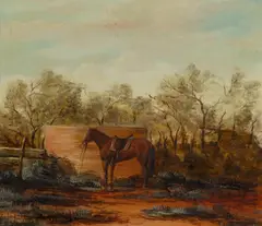 Jack Absalom, Saddled Horse by Water Tank, Oil on Board