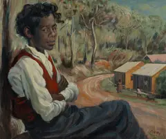 Aboriginal Boy with Crossed Arms by John Santry, 1964, Oil on Board, sold May 2024