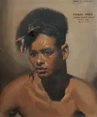 Tiarei Paha, Hood Point Hula, Papua,' 9th June by Alan Douglas Baker, 1944, Oil on Tin, sold May 2024