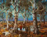 Hugh Sawrey, Travelling Sheep Along the Paroo River, W[estern] Qld, Oil on Board