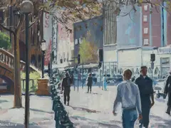 Brian Blanchard, Town Hall Steps, Sydney CBD, Oil on Board