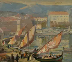 Clewin Harcourt, Untitled (European Boats in a Bay), Oil on Canvas on Board