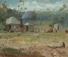 Lance Solomon, Bush Property with Fence Menders, Oil on Board
