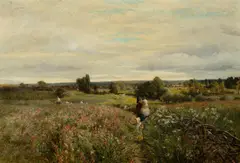 Charles James Lewis, English Landscape with Mother & Children Gathering Flowers, 1867, Oil on Canvas