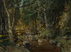 Konstanty Mackiewicz, Woodland River with Wooden Foot Bridge in Dappled Sunlight, Oil on Canvas