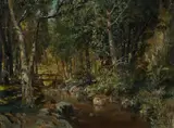 Konstanty Mackiewicz, Woodland River with Wooden Foot Bridge in Dappled Sunlight, Oil on Canvas