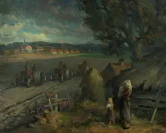 Zygmunt Kaniewski, Mother with Daughters Watching the Farm Workers, Oil on Canvas