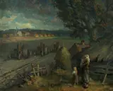Zygmunt Kaniewski, Mother with Daughters Watching the Farm Workers, Oil on Canvas