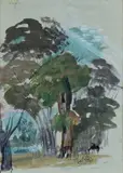 William Dobell, Stand of Trees by Water, and Stockman, Gouache