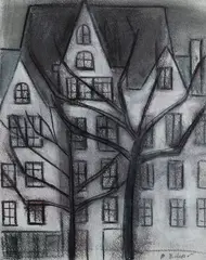 Robert Dickerson, London Street / Building with Trees, Pastel & Charcoal