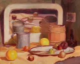 Brian Blanchard, Still Life with Mirror, Oil on Canvas on Board