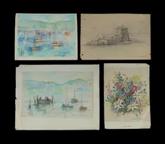 (4) by Elaine Coghlan, Two Crayon Views of Boats in a Harbour (18x27cm, & 16x22cm); Australian Wildflowers, coloured pencils (21x17.5cm); & pen, offered Apr 2024