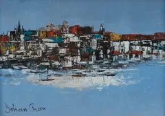 Jehan Chan, River and Town, Oil on Board
