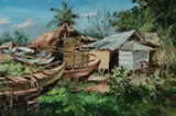 Gabriel Custodio, Village Huts and Boats, 1974, Oil on Canvas on Board