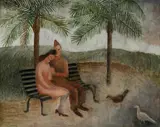 Amie Kingston, The Park' (WWII soldier and his sweetheart seated on a bench), Oil on Board