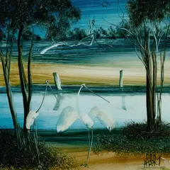 Pro Hart, Waterbirds, Oil on Board