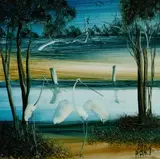 Waterbirds by Pro Hart, Oil on Board, sold Mar 2024