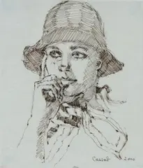 Study of the Artist Marina Finlay in Black Hat by Judy Cassab, 2000, Pen & Ink, sold Mar 2024