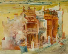 Cedric Flower, Terrace Houses and Running Girl, Oil on Board