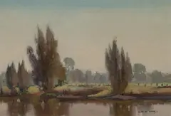 River Scene with Poplars by Alan Douglas Baker, Oil on Board, offered Mar 2024