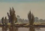 Alan Douglas Baker, River Scene with Poplars, Oil on Board
