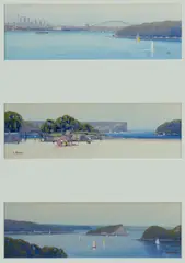 Scott Ireland, Sydney Trio (Sydney Harbour/Balmoral Beach/Lion Island), 1999, Oil on Canvas Board