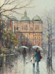 Ramon Ward-Thompson, Rainy Morning, Town Hall, Oil on Canvas on Board