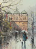 Ramon Ward-Thompson, Rainy Morning, Town Hall, Oil on Canvas on Board