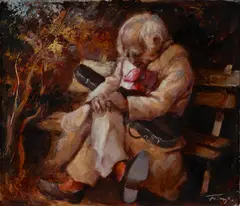 Zoltan Fenyes, Old Musician, Oil on Board