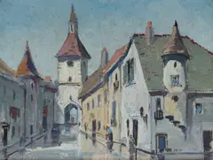 Douglas Pratt, French Village, c.1952, Oil on Board