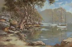 Brian Baigent, Moored Boats in Tranquil Waters, Oil on Canvas Board