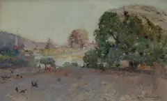 Benjamin E Minns, Ploughing Scene with Crows and Homestead, 1905, W/Clr & Gouache