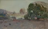 Benjamin E Minns, Ploughing Scene with Crows and Homestead, 1905, W/Clr & Gouache