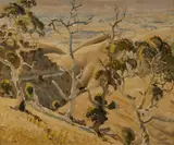Max Ragless, Hillside with Trees and Distant View, Oil on Board