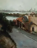 Peter Fennell, Terrace Houses and Sydney Harbour, Oil on Board