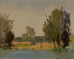 Fishing on the River by Alan Douglas Baker, Oil on Board, sold Mar 2024