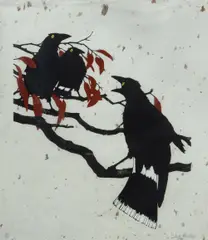 David Preston, Currawongs, Linocut on Mulberry Paper with Gouache 3/20