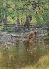 Les Graham, Catching Gudgeons, Oil on Canvas Board