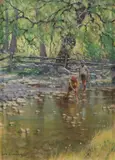 Les Graham, Catching Gudgeons, Oil on Canvas Board