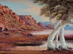Henk Guth, Ghost Gums in the Ranges, Oil on Canvas Board