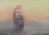 John Charles Allcot, Sailing Ship and Coastline, Gouache