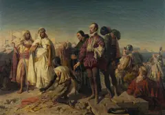 Emil Lauffer, Cervantes Captured by Barbary Pirates, 1861, Old label verso with ink inscription referencing French soldier Saint-Arnaud (1798-1854) governor of Algiers